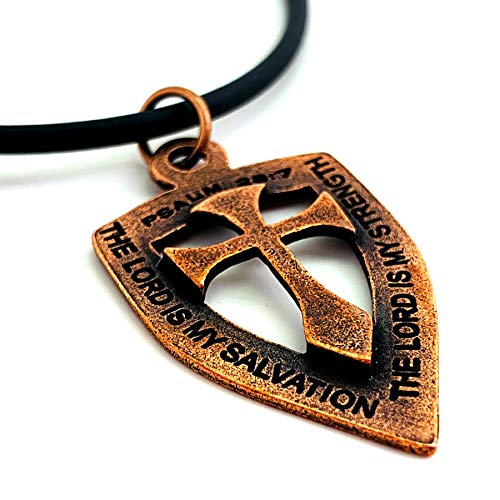 FORGIVEN JEWELRY Cross Shield Antique Copper Metal Finish Lord is My Strength and Salvation Necklace on Black Cord4