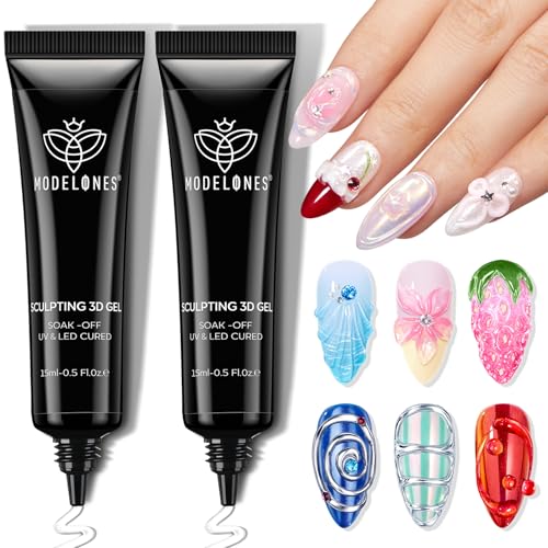Image of modelones 2Pcs Clear 3D Gel Nail Art, Sculpting Molding Builder Gel Nail Glue for Charms Gems Chrome Powder Rhinestone No Wipe Squeeze Tube DIY & Salon Use 15g*2