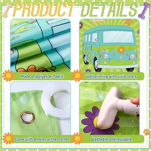 Image of MotiMind Mysterious Dog Party Supplies Cartoon Car Happy Birthday Backdrop Groovy Daisy Banner Hippie Paw Print Photo Background Poster for Retro Birthday Party Decorations, 71 x 45