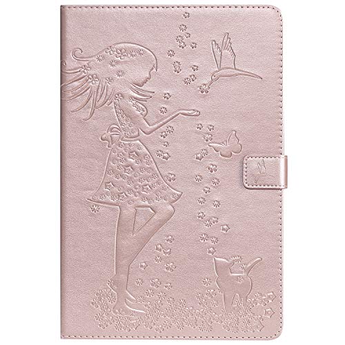Artfeel Coque pour Samsung Galaxy Tab S4 10.5 Pouce 2018(T830/T835/T837),Mignon Fille Chat en Relief Cuir Portefeuille Support à Rabat Étui avec Porte-Carte et Réveil/Sommeil Auto,Oiseau Or Rose