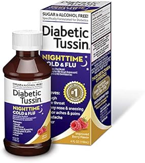 Diabetic Tussin Nighttime Cold and Flu Relief for Fever, Headache, Cough, Runny Nose and Sneezing, Safe for Diabetics, Sugar Free, Berry Flavored, 4 Fl Oz