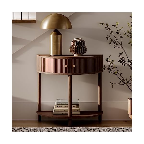 Fluted Half Moon Console Table – 2023 Collection – Living Room Furniture – Modern Home Decor – Solid Wood Entryway Table with Two Doors and Brass Knobs (Walnut)