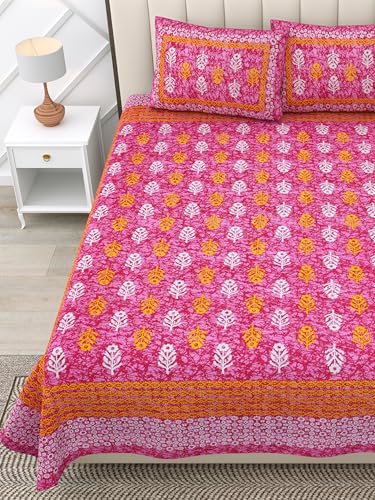 Image of RajasthaniKart 100% Cotton 180 TC King Size BEDSHEET with 2 Pillow Cover - 90X108 (Suitable for King Size Bed Sheet or Double Bed, Pink Booty Jaipuri, 5299)