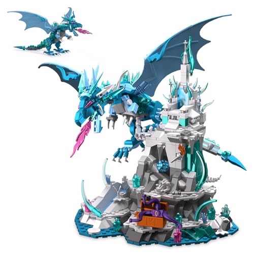 Brihappen Ice Dragon Castle Building Block Sets for Adults Teens 14+ Creative Ice Dragon Castle Building Toy Fantasy Style Decor Home Office Collect and Display Model Kit Birthday Gifts (862 Pieces)