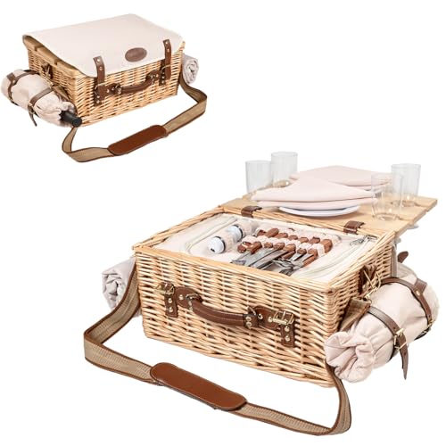Multifunctional Wicker Picnic Basket Set for 4 Blanket Family Folding Wine Table,Insulated Portable Extra Big Storage Capacity Natural Woven Rattan Canasta De Full Tablewares Camping Outdoor Flowers
