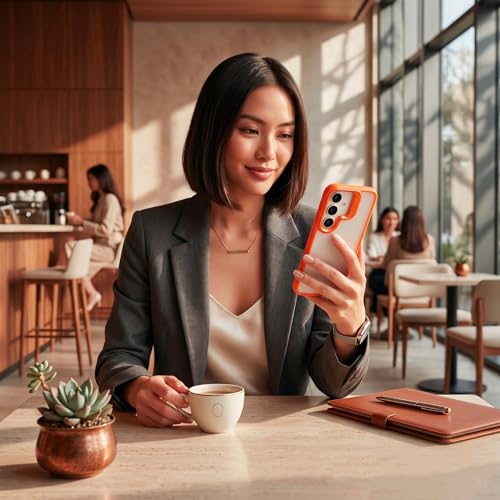 Image of amazon basics Frosted Matte Case for Samsung Galaxy S24 5G | Built-in Flip-Out Camera Lens Stand | Translucent Back with Contrast Orange Bumper | Shockproof Protective Cover with Foldable Kickstand