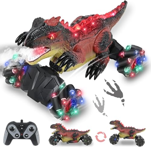 HERMORRYSS Dinosaurio Coche Teledirigido, 4WD Dinosaurio Monster Truck, 360° Rotate RC Stunt Auto Juguetes con Aerosol + Luz LED + Música, 2.4GHz Coche RC Dinosaurios para Niños 3 4 5 6 7 Años (Rojo)