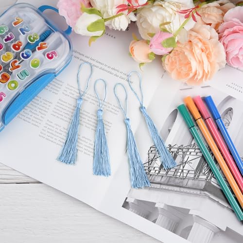 Image of 100 Pcs Bookmark Tassels Bulk Light Blue Soft Craft Silky Handmade Mini Tassels for Jewelry Making with Loops for DIY Craft Accessory Dress Decoration