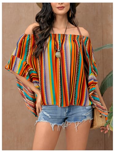 Verdusa Women's Off Shoulder Shirred Half Sleeve Loose Striped Blouse Shirt Top3