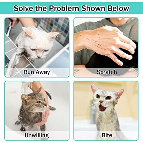 Image of JULMELON 10 PCS Cat Washing Bag for Bath Shower Adjustable Net Grooming Set | Pet Brush Nail Clipper File, Hair Combs Tick Tool, Nail Caps, Bathing Trimming Examination, Pink and Green