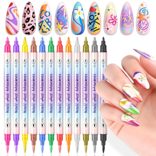 Image of 12 Colors Nail Polish Pens Set: 0.5MM Quick Dry 3D Nail Art Pens for Painting Nails Dual Tip Acrylic Paint Markers Dotting Drawing Painting Liner Brush Tools Home DIY Salon Manicure (Set 1)