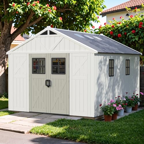 Greesum 10×12 FT Plastic Outdoor Storage Shed with Floor and Lockable Door, Resin Sheds with Windows and Skylights, Weather Resistant Organization for Garden, Lawn, Pool Supplies, Beige