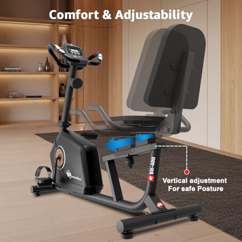 Image of PowerMax Fitness BR-400 Recumbent Exercise Bike for Home | 120kg Max User gym cycle, 6KG Flywheel, 8-Level Magnetic Resistance | Adjustable Seat, LCD Display, Mobile Holder | Quiet Belt Drive Cardio