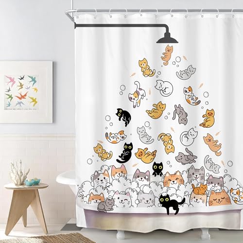 SVBright Cat Shower Curtain for KidsCute Shower CurtainsFunny Cat Lover Fabric Shower CurtainCartoon Animal Hilarious Water Bathroom Children 60Wx72L Inch Waterproof Polyester Bathtub 12 Pack Hooks