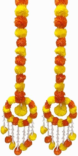 Auraecom - 2 guirnaldas de flores artificiales de caléndula de 5 pies de largo con anillo para decoración tradicional india, guirnalda de caléndula