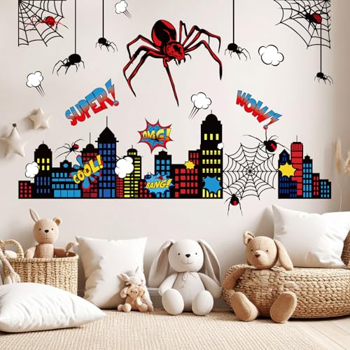Gilprop Spider Theme Wall Stickers Spiderweb Wall Decal Colorful City Skyline Decor Pack Cool Comics Style Peel and Stick(L,Spider)
