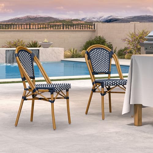 Image of PURPLE LEAF Patio Dining Chair Set of 2 Outdoor French Aluminium Frame in Champagne Finish with Navy Blue & White Woven Rattan for Indoor Kitchen Deck Bistros Cafe Restaurant