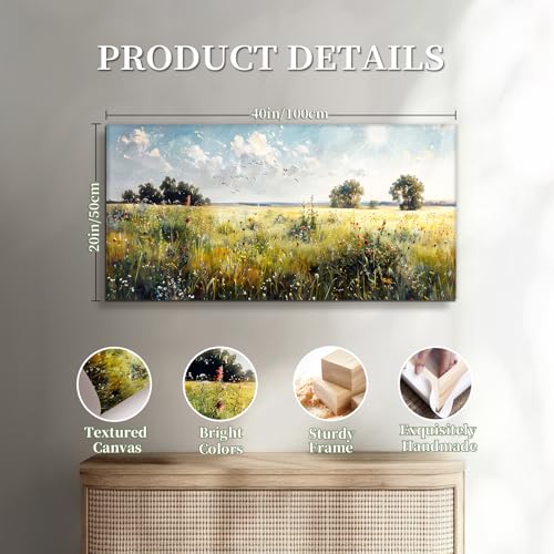 SERIMINO Rustic Landscape Wall Art Prints, Country Outdoor Scenic Large Wall Decor, Nature Meadow Wildflower Canvas Painting, Bright Pictures for Living Room Modern Farmhouse Kitchen 20X40 Inch