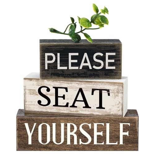 Image of Moucuny 4 Pcs Bathroom Shelf Decor Farmhouse Bathroom Decor and Accessories Please Seat Yourself Sign Rustic Eucalyptus Leaves Wood Block Sign Gift Home Table Centerpiece for Home Office