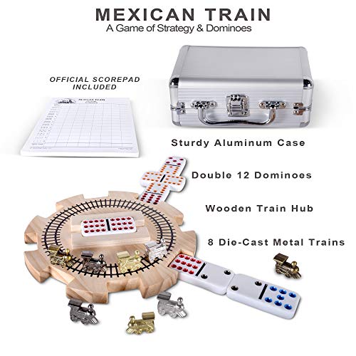Rnk Gaming Mexican Train Dominoes Set Double 12 Color Dots With Wooden Hub 8 Metal Trains And Aluminum Case thumb #2