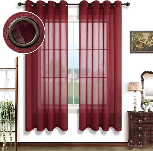 Image of 7 Feet Door Curtains Set of 2 - Semi Transparent Sheer Curtains for Living Room & Bedroom | Polyester Eyelet Curtain Panels | Modern Door & Window Curtain (Red)