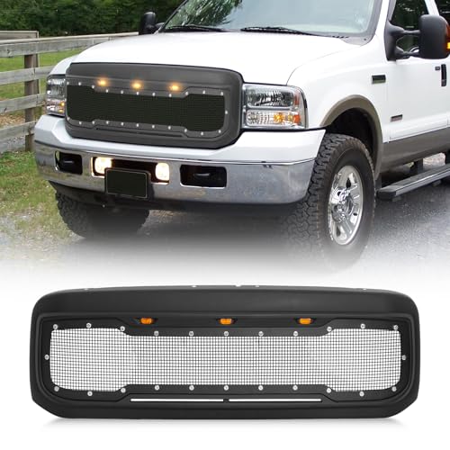 Grille for F250 Front Hollow Grill Replacement Compatible for 1999 2000 2001 2002 2003 2004 F250 F350 F450 Black Matte Bumper Steel Rivet Grille with high-mount amber LED accent lights