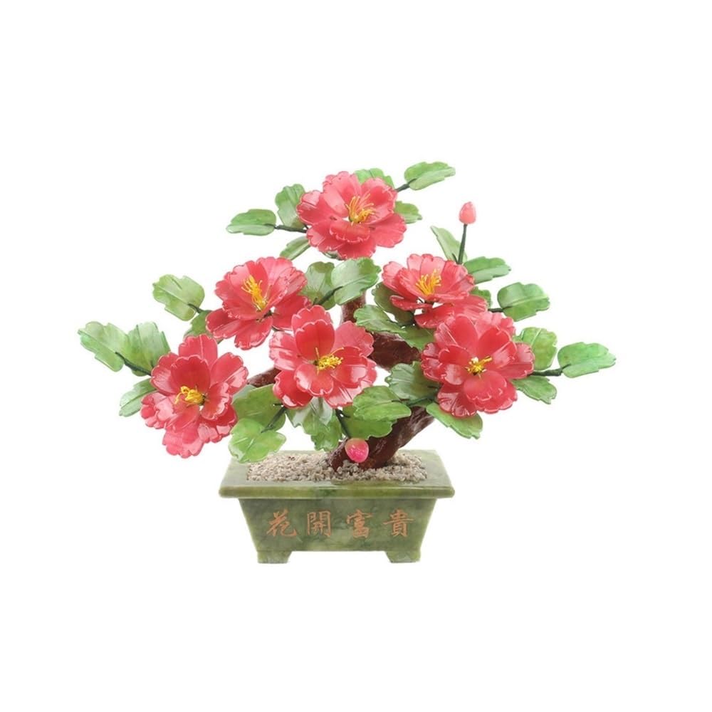 CHENGAIJIAN Artificial Bonsai Tree, Jade Peony Flower Hall Home Decoration Carved Chinese Bonsai Ornament(Red)