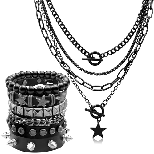 Fscwlmon 5 Pcs Layered Star Grunge Emo Studded Bracelets Goth Necklace Set for Women Men Y2K Star Guitar Gothic Choker Punk Rock Spiked Leather Bracelets 80s Emo Accessories Y2K Goth Jewelry Gifts XX