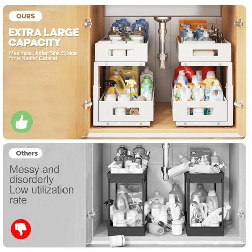 Image of 2 Packs 19IN Depth Under Sink Organizer, 2-Tier Pull Out Cabinet Organizer With Smooth Circular Rail, Large Capacity Metal Mesh Sliding Drawers For Bathroom& Kitchen Storage,Height Adjustable -White