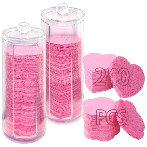VirgoCCY 240 Pcs Compressed Facial Sponges with 2 Container, Natural Cellulose Spa Sponges for Face Cleansing, face Sponge Disposable Sponge Pads for Massage, Makeup Removal. (Heart+Flower)