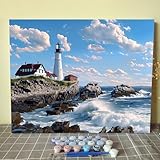 Portland Head Light Paint by Numbers Kits with Brushes America Lighthouse Acrylic Oil Painting for Adults Kids Tropical Seascape Pictures Red House Arts Craft Home Decor Nordics Gift(Without Frame)