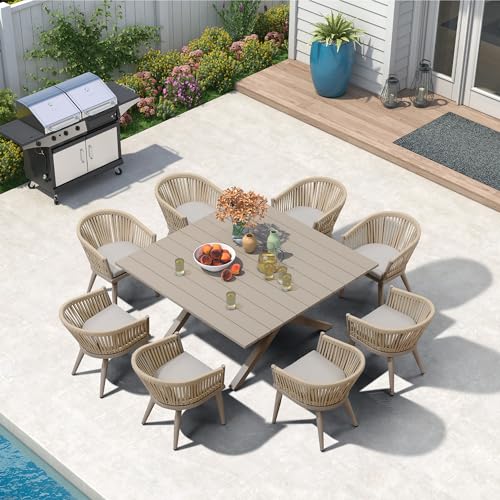 Image of PURPLE LEAF 9 Pieces Outdoor Dining Set with Patio Aluminium Square Dining Table and Wicker Rattan Chairs Modern Furniture Cushions Sets for Backyard Indoor Decor Kitchen Champagne
