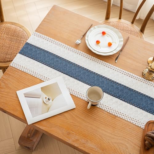 Image of FEXIA Boho Blue Table Runner 60 Inches Long with Tassels Macrame Farmhouse Summer Style Graduation Party Rustic Wedding Baby Shower Dining Kitchen Living Room Decor (12x60 Inches)