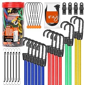 HORUSDY Tarro surtido de 31 cuerdas elásticas de alta calidad, incluye cuerdas elásticas de 10, 18, 24, 32, 40 pulgadas, lazos de cremallera de 6 pulgadas, lazos de bola de lona de 8 pulgadas y clips