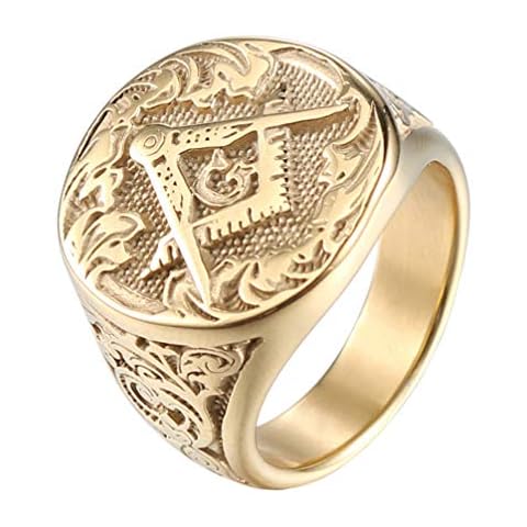 IFUAQZ Men's Masonic Freemason Gold Plated Stainless Steel Rings Classic Master Mason Signet Band Jewelry Size 9 Cover