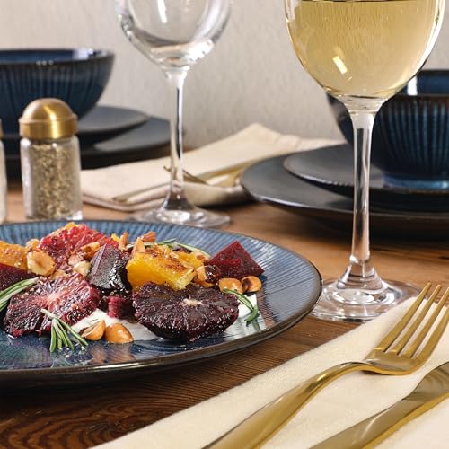 Image of Gibson Elite Midnight Lune Plates and Bowls Sets, 12-Piece Stoneware Dinnerware Sets, Reactive Glaze Dish Set - Blue