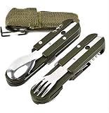 2 x Outdoor Bundeswehr Besteck Edelstahl Campingbesteck Essbesteck Set 6 teilig Camping Besteckset, Silber grün