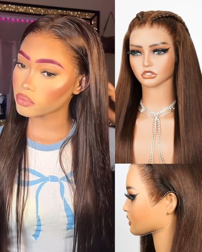 Megalook hair 13x6 Chocolate Brown Lace Front Wig 220% Density Ear-to-Ear HD Lace Front Wigs Human Hair Glueless Brown Drawstring Wig Human Hair 4# 20 Inch