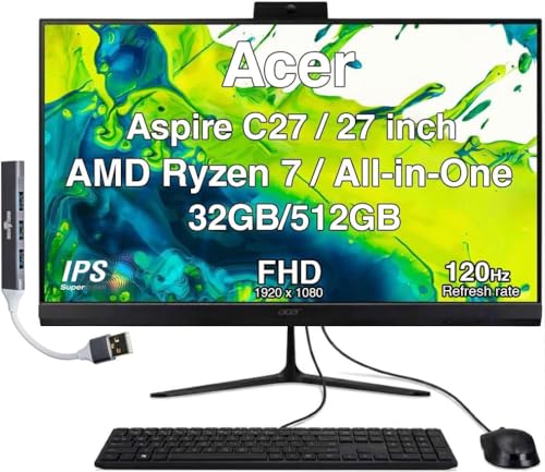 Image of Acer Aspire C27 All-in-One Desktop, 27 inch IPS FHD, Ryzen 7 5825U | 32GB DDR5, 512GB PCIe SSD, Wireless Keyboard and Mouse, Wi-Fi 6E, Bluetooth 5.3, Webcam, Windows 11 Pro /w USB Hub