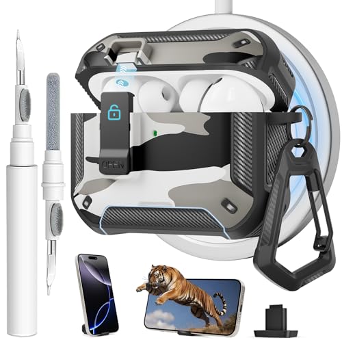 Image of for AirPods Pro 3 Case with Magnetic Lock and Phone Stand, Compatible with Magsafe Charging,with Carabiner&Cleaner kit for Apple iPod Pro 3rd Generation Cover(2025) Men Women (Camouflage Gray)