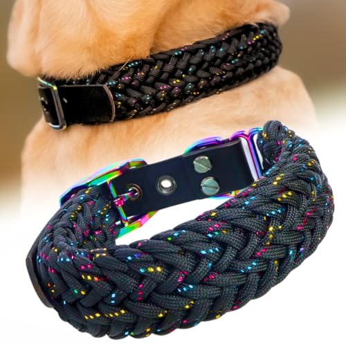Ben&Bruno Collare per Cani | Fatto a Mano e Intrecciato in Paracord Resistente | Cinturino Regolabile in Pelle | Per Cani di Piccola, Media e Grande Taglia | Largo, Sicuro e Confortevole | Nero - L
