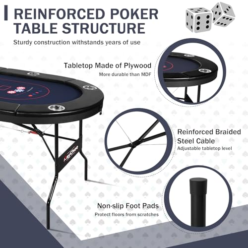8 Player Poker Table Foldable, 71” Folding Blackjack Texas Holdem Table w/Deep Metal Cup Holders, Padded Rails & Casino Grade Felt, Portable Oval Card Poker Table, No Assembly Required (Black)