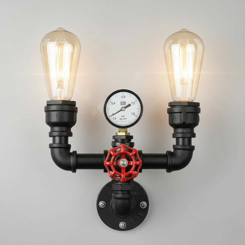 LEDSone Vintage Twin Water Pipe Wall Light Black E27 Steampunk Wall Sconce — image 1