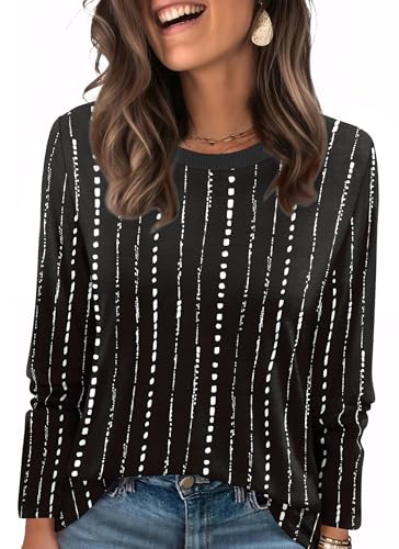 WIHOLL Womens Striped Long Sleeve Shirts Fall Outfits 2025 Color Block Tops Fashion Clothing Ribbed Crewneck Tee Blouses