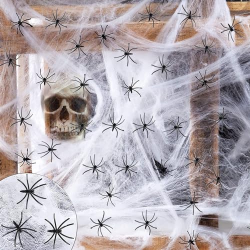 KOIROI Halloween Decoración Telarañas, Tela de Araña de Halloween, 200 g telarañas terroristas con 30 arañas Falsas, Set de Decoración de Halloween, para decoración de Fiesta de Noche de Halloween