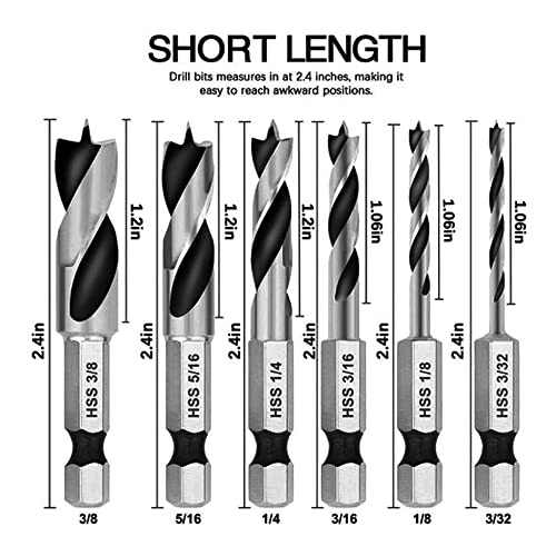 Gasea 6pcs Brad Point Drill Bits Set1/4-Inch Hex Shank HSS Stubby Drill Bit for Wood 3/32, 1/8, 3/16, 1/4, 5/16, 3/8 2 Gasea 6pcs Brad Point Drill Bits Set1/4-Inch Hex Shank HSS Stubby Drill Bit for Wood 3/32, 1/8, 3/16, 1/4, 5/16, 3/8 - Image 2