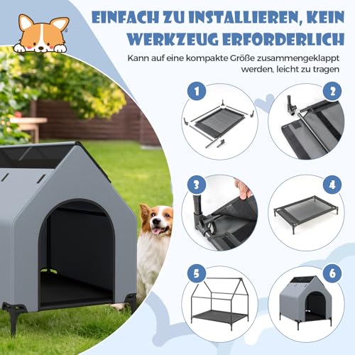 COSTWAY 2 in 1 Hundehütte & erhöhtes Hundebett, Hundeliege Outdoor, Haustierhaus mit atmungsaktivem Netzgewebe & Abnehmbarer Abdeckung, Hundehaus für kleine Hunde, Oxford, Grau (64 x 91 x 86 cm)