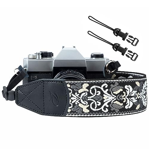 Padwa Camera Straps For Photographers - 2" Wide Vintage Jacquard Embroidery Camera Straps With Genuine Leather Head, Adjustable Neck Shoulder Strap For All Cameras(Grey Embroidered Flower) #TOP6