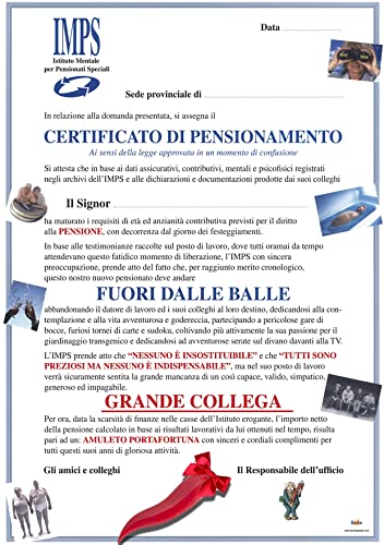 Bombo Certificato di Pensionamento per un amico con cornetto portafortuna