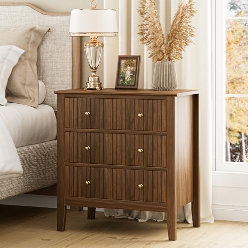 Apetaccat Large Bedside Table Bedroom 3 Drawer Chest of Drawers Bedside Cabinet With Metal Handles for Bedroom Livingroom Hallway Château Walnut